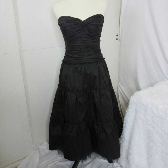 BCBG MaxAzria Black Silk Strapless Tiered Ruffle Formal Semi Midi Dress Size 4 - Picture 1 of 11